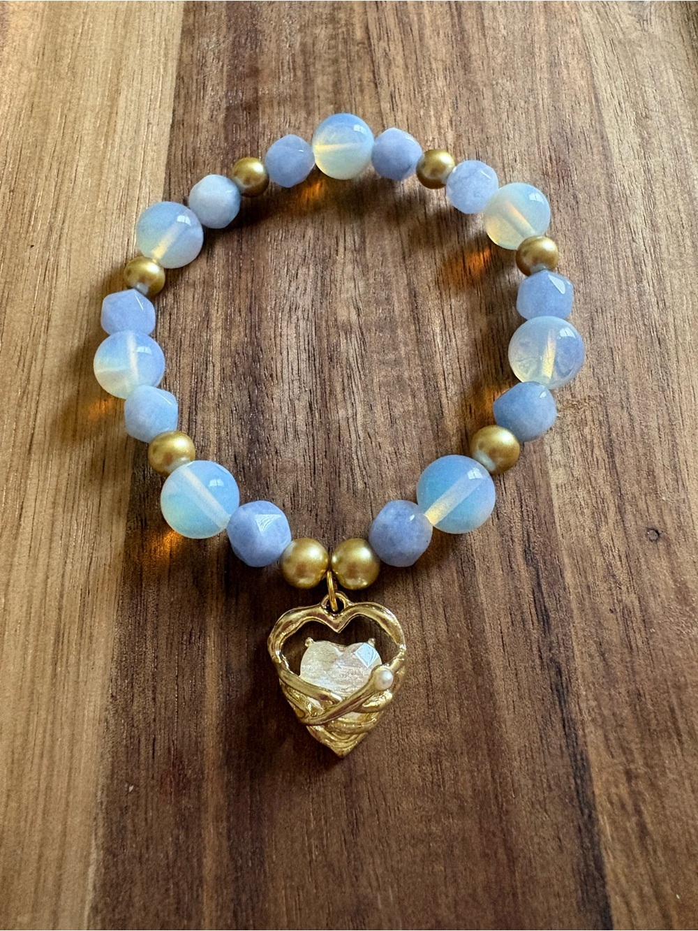 Handmade Heart Charm Beaded Bracelet w/ Aquamarine & White Opal